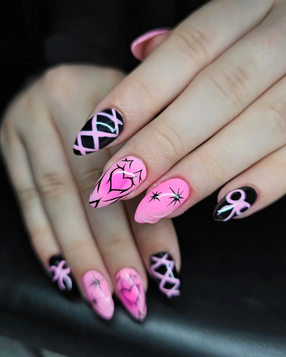 Pink and black almond nails with bows, stars, curved lines and lattice patterns.